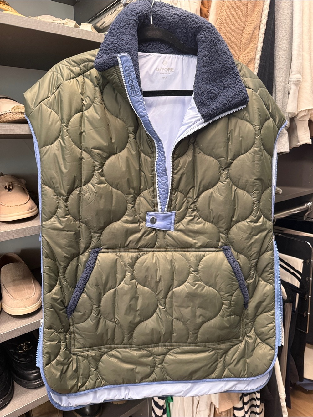 G/FORE Olive Quilted Pullover Vest with Navy Sherpa Collar and Light Blue Trim